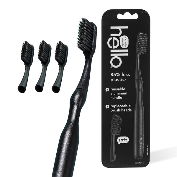 hello Manual Adult Toothbrush With Reusable Charcoal Aluminum Handle & 4 Soft Replacement Heads, 4 Count