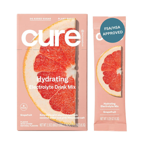 Cure Hydration Plant-Based Electrolyte Drink Mix, No Added Sugar, Coconut Water Powder, Box of 8 Packets - Grapefruit