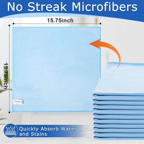 10 Pack Premium Microfiber Glass Cleaning Cloth, 16 Inch x 16 Inch, Streak & Lint Free for Windows and Mirrors