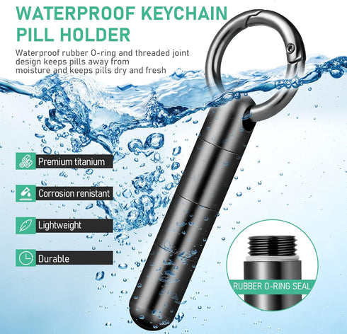 TISUR Keychain Pill Holder: Tiny Pill Case Black Extended, Titanium Waterproof Pill Organizer, EDC Container for