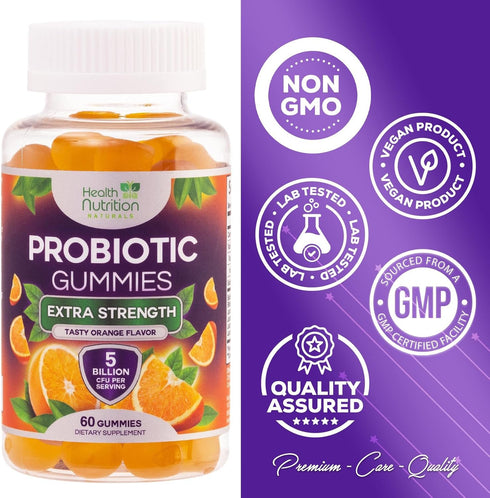 Daily Probiotic Gummies for Women & Men, Extra Strength 5 Billion CFU, Vegan Non-GMO, 60 Gummies for Immune Health