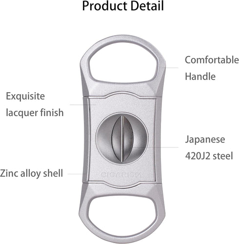 V-Cut Cigar Cutter - Stainless Steel Blade, Up to 60+ Ring Gauge in Leather Gift Case (Silver)