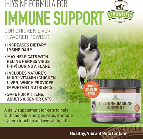 Strawfield Pets L-Lysine Immune Support for Cats & Kittens, 200g Chicken Liver Flavor Granules with Scoop