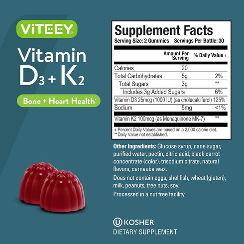 Vitamin D3 K2 Gummies, 1000 IU Vitamin D3 and K2 100mcg, Tasty Chewable Strawberry Flavored Gummy
