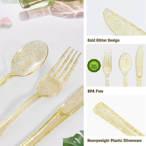 150 Pack Gold Plastic Silverware, Heavy Duty Gold Glitter Silverware - 50 Forks, 50 Knives, 50 Spoons for All Occasions