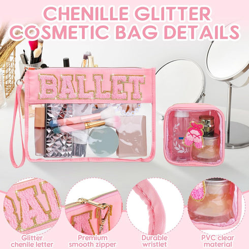 Hillban 2 Pcs Ballet Gifts Chenille Letter Bags, Preppy Patch Makeup Bag, Waterproof Travel Cosmetic Pouch for Women