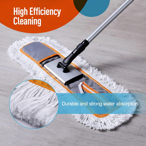 24" Heavy Duty Commercial Dust Mop for Floor Cleaning, 2 Microfiber Mop Pads for Wet and Dry Use, Grey
