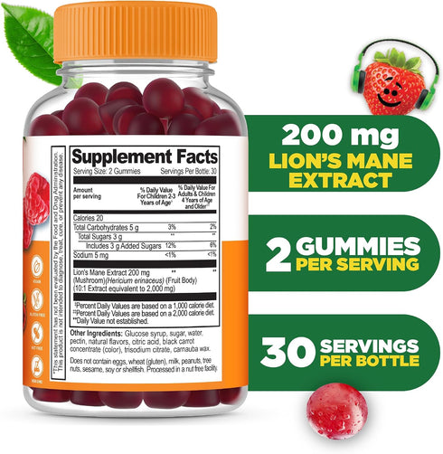 Gummies Gummies 60 Count Lifeable Lions Mane for Kids | Great Tasting Lions Mane Mushroom Supplement | Vegan, Kosher