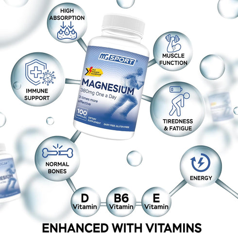 MGSPORT Magnesium Supplement - High Absorption with Vitamins B6, D, E - Relieves Leg Cramps & Muscle Support - 100