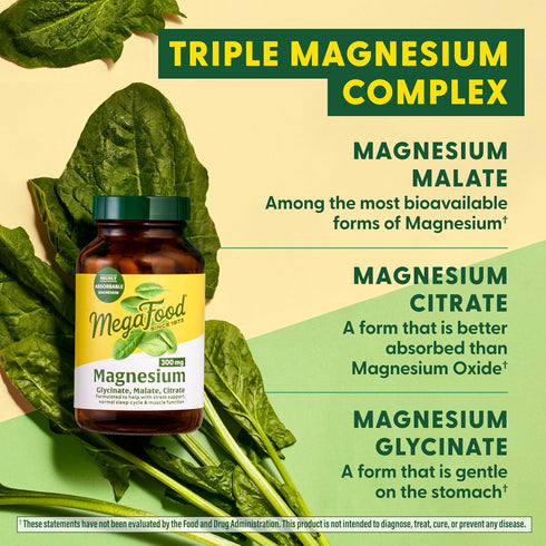 MegaFood Magnesium 300 mg - Highly Absorbable Blend of Magnesium Glycinate, Citrate & Malate for Heart & Nerve Health
