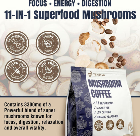 YEKBYOE 11 5.3oz Mushroom Coffee, Superfood Mushrooms includes Lion's Mane, Reishi, Chaga & Ashwagandha, Instant