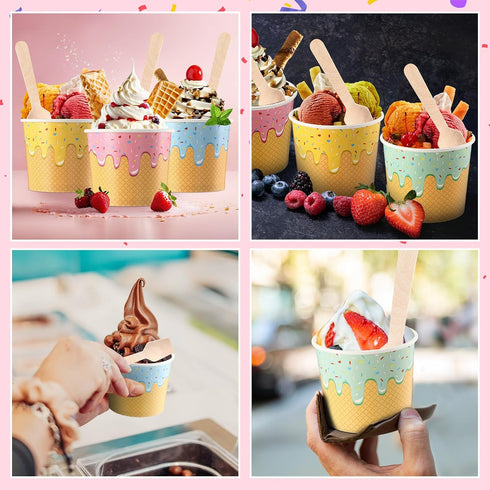 Ninehaoou 300 Pack 6 oz Frozen Paper Ice Cream Cups with Wooden Spoons, Disposable Dessert Bowls, Colorful Sundae Bar