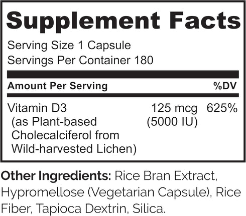 NATURELO Vitamin D 5000 IU, Plant Based from Lichen, Natural D3 Supplement for Immune System, Bone & Joint Health, 180