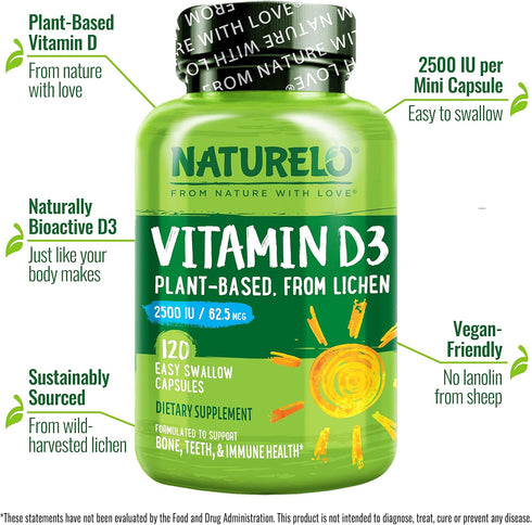 NATURELO Vitamin D 2500 IU, Plant Based Natural D3 Supplement for Immune System, 120 Capsules