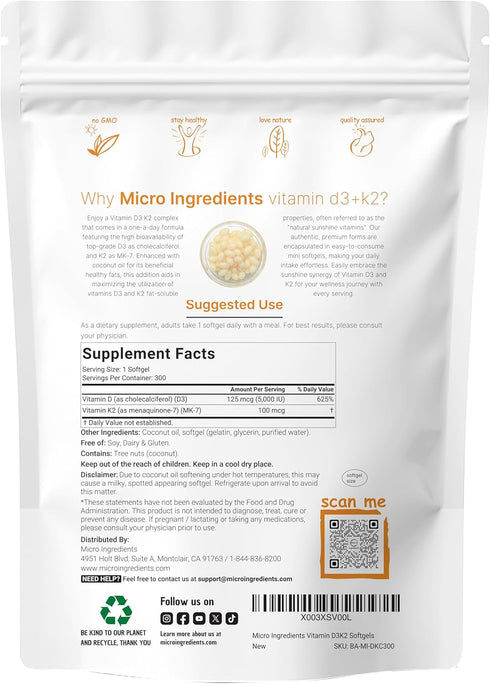Micro Ingredients Vitamin D3 5000 IU Plus K2 (MK-7) 100 mcg - 300 Virgin Coconut Oil Softgels for Bone and Immune Health