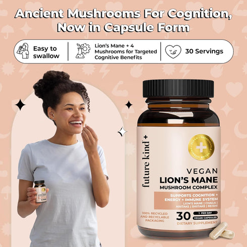 Future Kind Vegan Lion's Mane Mushroom Complex - Brain Supplement Capsules with Chaga, Maitake, Shiitake, Reishi (30ct)