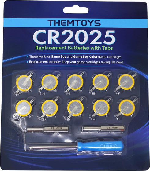 Tabbed CR2025 Batteries 10-pack, 3v Lithium Battery for Gameboy Cartridge, Solder Tabs