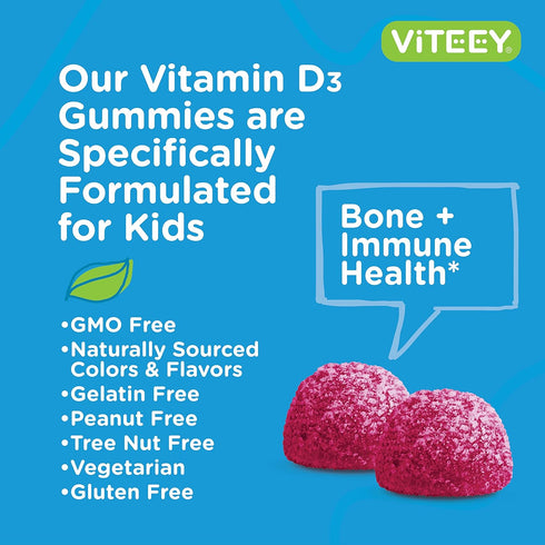 Vitamin D3 Kids Gummies 25mcg 1000 IU, Tasty Chewable Berry Flavored, Bone & Immune Health