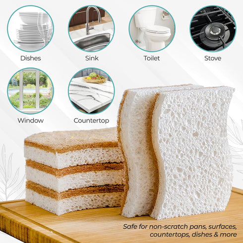 Pack 12 Plant Based Natural Sponge - of Cellulose Sponges, Safe on Non-Stick Cookware, Dual Sided Dish Sponge