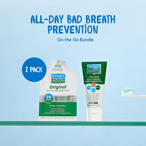 Packs Set 3.4 oz 10 Packets SmartMouth Original Zinc Activated Mouthwash Single & Premium Anti-Cavity + Zinc Toothpaste