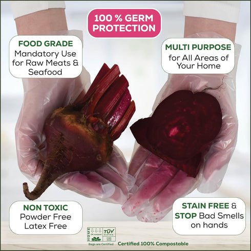 100% Certified Compostable Disposable Gloves S/M/L/XL, Powder & Latex Free, Food Grade Cleaning Germ Protection