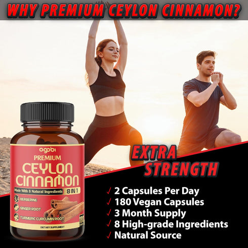 Premium Ceylon Cinnamon with Berberine Supplement - 8in1 Turmeric, Ginger, Gymnema & More - 180 Capsules for Body