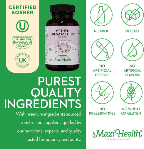 Maxi Health Methyl Prenatal DHA - 60 Liquid Caps, Doctor Formulated, Kosher, Gluten Free Prenatal Multivitamin with 25