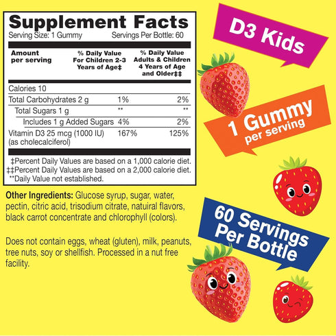 Kids Vitamin D3 Gummies - 1000 IU (25 mcg)- Supports Bone Strength and Immunity - Non-GMO, Gluten-Free - Strawberry Flavor - Nutritional Supplement - 60 Servings