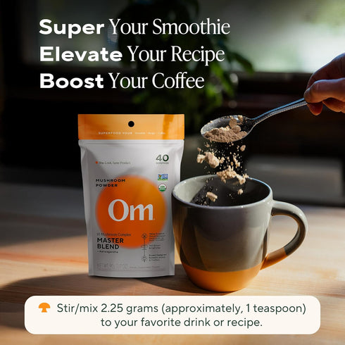 Om Master Blend Organic Mushroom Powder 3.17 oz (40 Servings) with 10 Mushrooms & Ashwagandha for Immunity