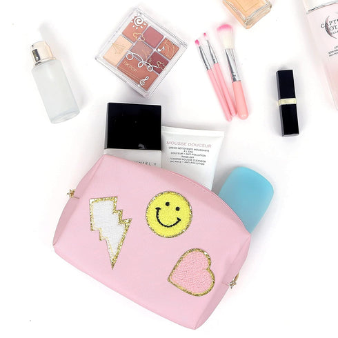 Preppy Patch Makeup Bag, Smile Lightning PU Leather Waterproof Cosmetic Bag for Girls, Travel Organizer, Pink