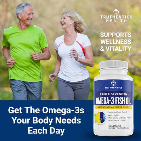 TRUTHENTICS Omega 3 Fish Oil, 2400 mg Triple Strength, Burp-Free Lemon Flavor, 60 Softgels