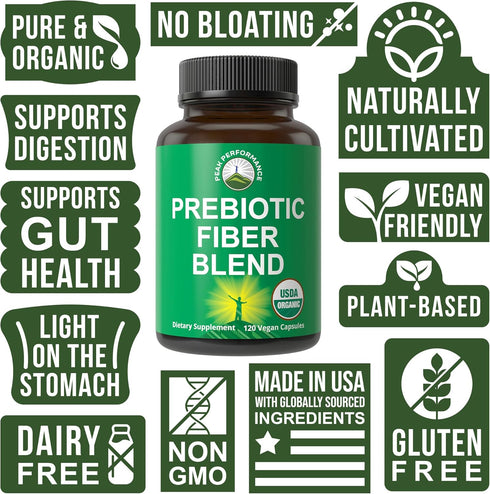 USDA Organic 3-in-1 Prebiotic Fiber - Vegan Capsules for Gut and Digestive Health with Inulin and Acacia Fibers