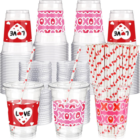 Yaomiao 300 Pcs 12 oz Valentine's Day Plastic Party Cups with Lids and