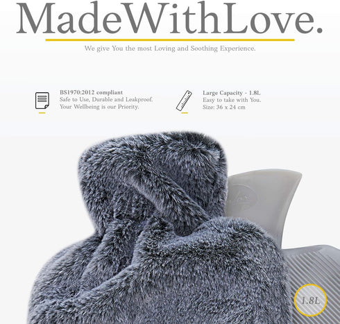Hot Water Bottle with Soft Cover - 1.8L Large Hot Water Bag for Pain Relief, Dark Grey.