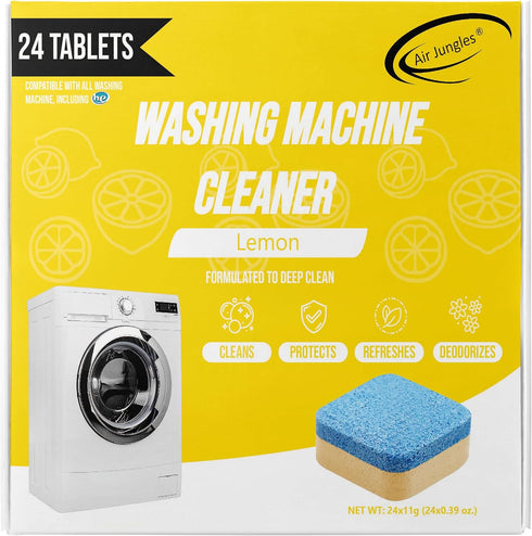 Air Jungles Washing Machine Cleaner Tablets - 24 Count, Lemon Scent, Deep Cleaning, Compatible with Front and Top Load