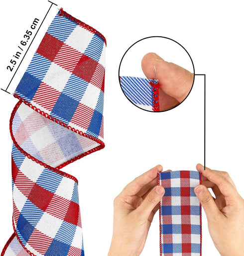 Whaline 2 Rolls 4th of July Wired Edge Plaids Ribbon Patriotic Buffalo Check Ribbon Red Blue Plaids Ribbon 2.5 Inch Farmhouse Craft Ribbon for Independence Day DIY Gift Wrapping Bow Decor, 10 Yards by Whaline