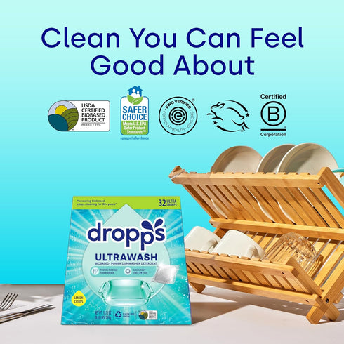 Dropps UltraWash Dishwasher Pods, Lemon Citrus (32 Count) - Biobased Power Deep Clean Detergent Tablets