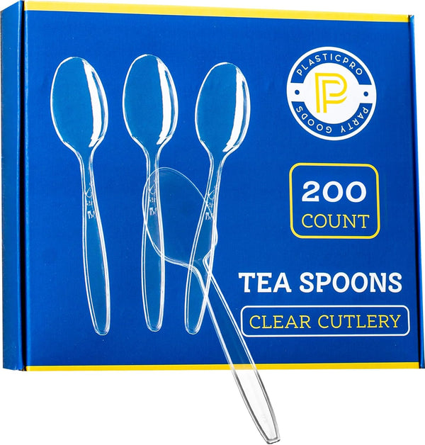 Plasticpro Disposable Clear Plastic Tea Spoons, Heavyweight Box of 200 Count