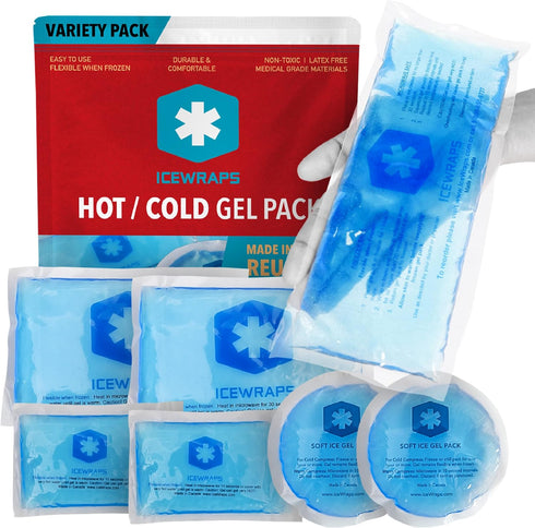 ICEWRAPS Reusable Multipurpose Gel Ice Packs, Hot Cold Pack for Kids Injuries, 7 Pack