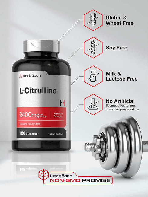 Horbaeach L Citrulline Capsules 2400mg, 180 Count, Maximum Strength Free Form Amino Acid, Non-GMO, Gluten Free