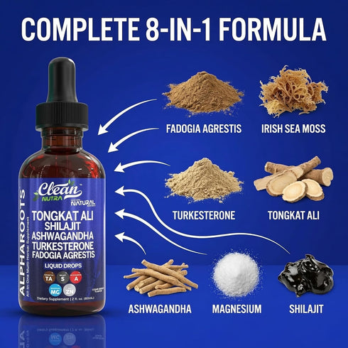 Tongkat Ali Liquid Drops Shilajit, Ashwagandha, Turkesterone, Fadogia Agrestis, Magnesium, Irish Sea Moss, and Zinc