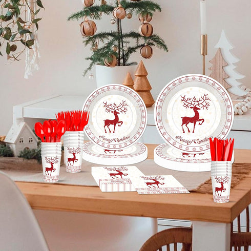 Xionpe 140-Pc Set 20 Christmas Disposable Tableware for Guests - Reindeer Themed Party Supplies with Dinner Plates
