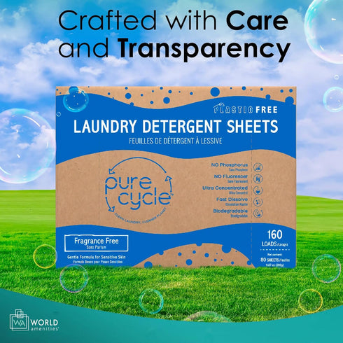 Pure Cycle Laundry Detergent Sheets - No Spill Travel Pack, 160 Loads, Fragrance Free