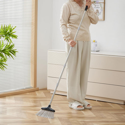 Broom and Dustpan Set, Lightweight Upright Lobby Broom and Dust Pan Combo for Home Kitchen Office (Gray and Black)
