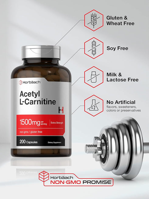 Horbaach Acetyl L-Carnitine 1500mg | 200 Capsules | Extra Strength ALCAR Supplement