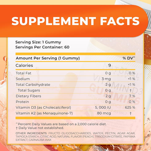 Sugar Free Vitamin D3 K2 Gummies - 5000 IU D3 + 80 mcg K2, Gluten-Free, Non-GMO, Natural Peach Flavor
