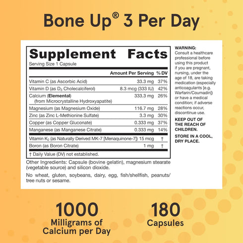 Jarrow Formulas BoneUp Three Per Day - 180 Capsules for Bone Support with Vitamin D3, K2 & 1000 mg Calcium