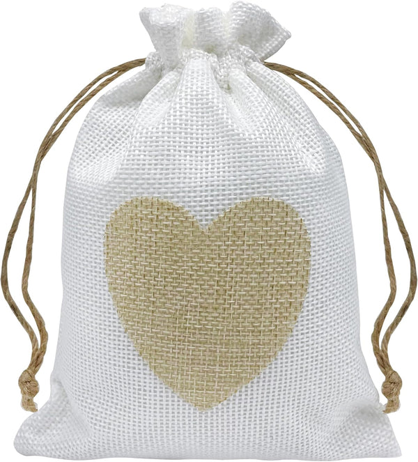 Jexila 24PCS Burlap Drawstring Gift Bags, 5X7 Inches Heart Print Linen for Jewelry, Candy Goodie Pouches, DIY Craft