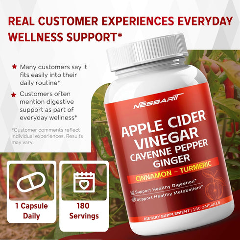 NESSARIT 8,010mg 180 Apple Cider Vinegar with Cayenne Pepper, Ginger, Cinnamon & Turmeric Support Digestion