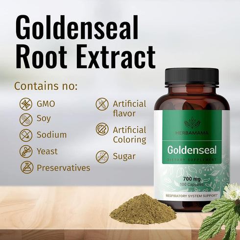 HERBAMAMA Goldenseal Root Capsules - Organic Herb Powder for Respiratory & Digestive Health, 100 Capsules